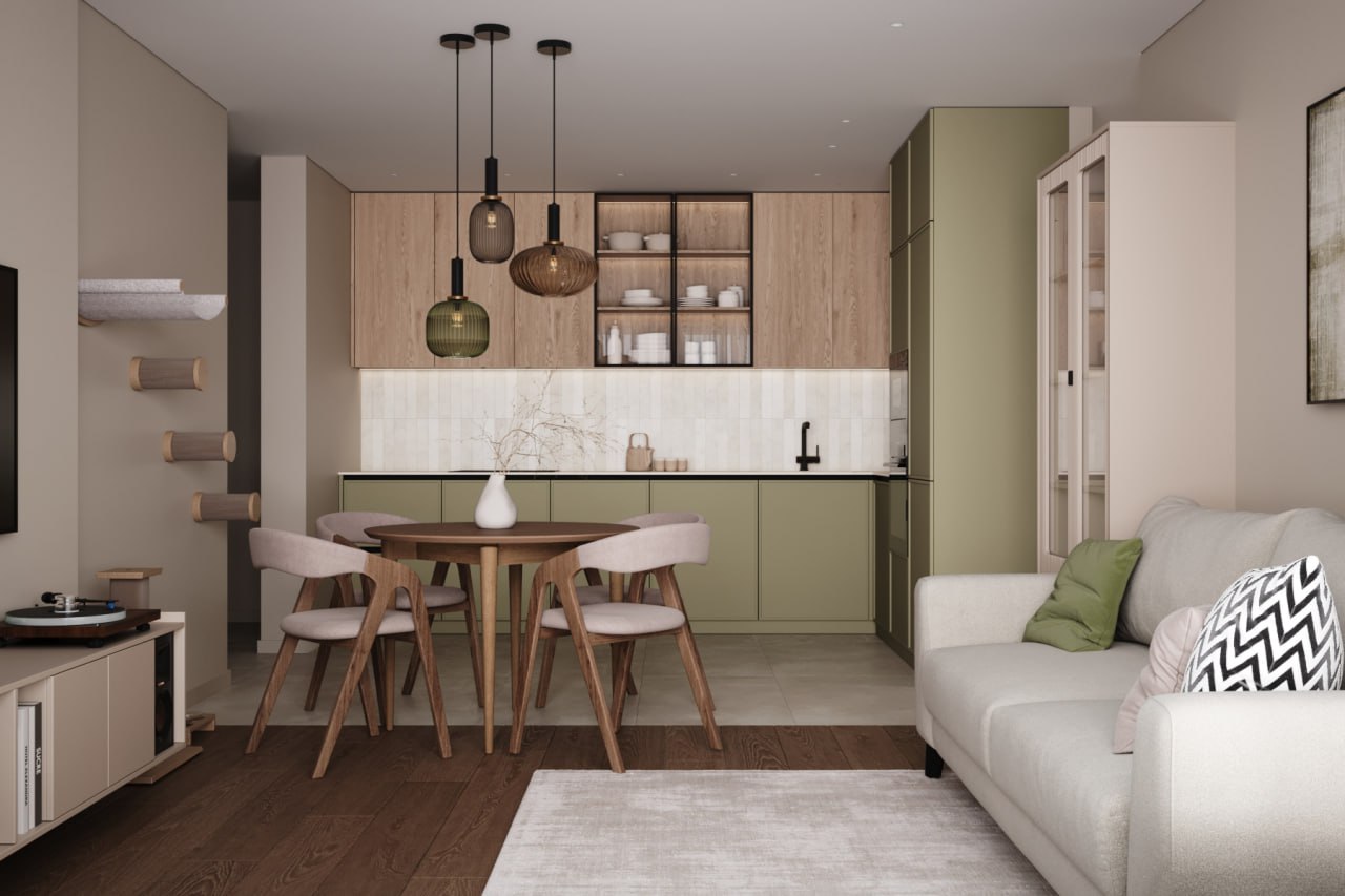 Гостиная-кухня в светлых природных оттенках