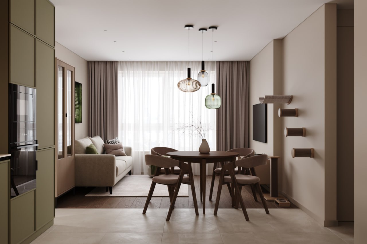 Гостиная с тёплым деревом и мягким рассеянным светом