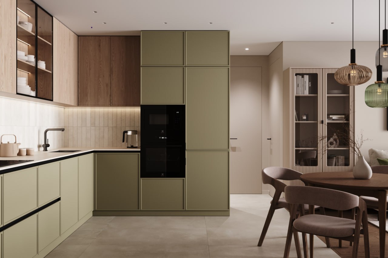 Единое пространство кухни и гостиной с лаконичными формами