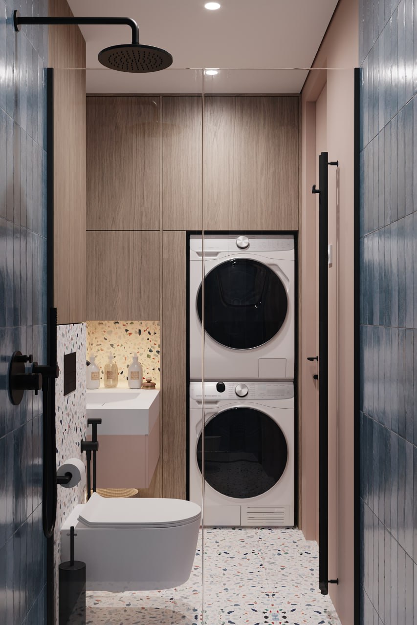 Санузел с удобной зоной хранения и стиральной техникой