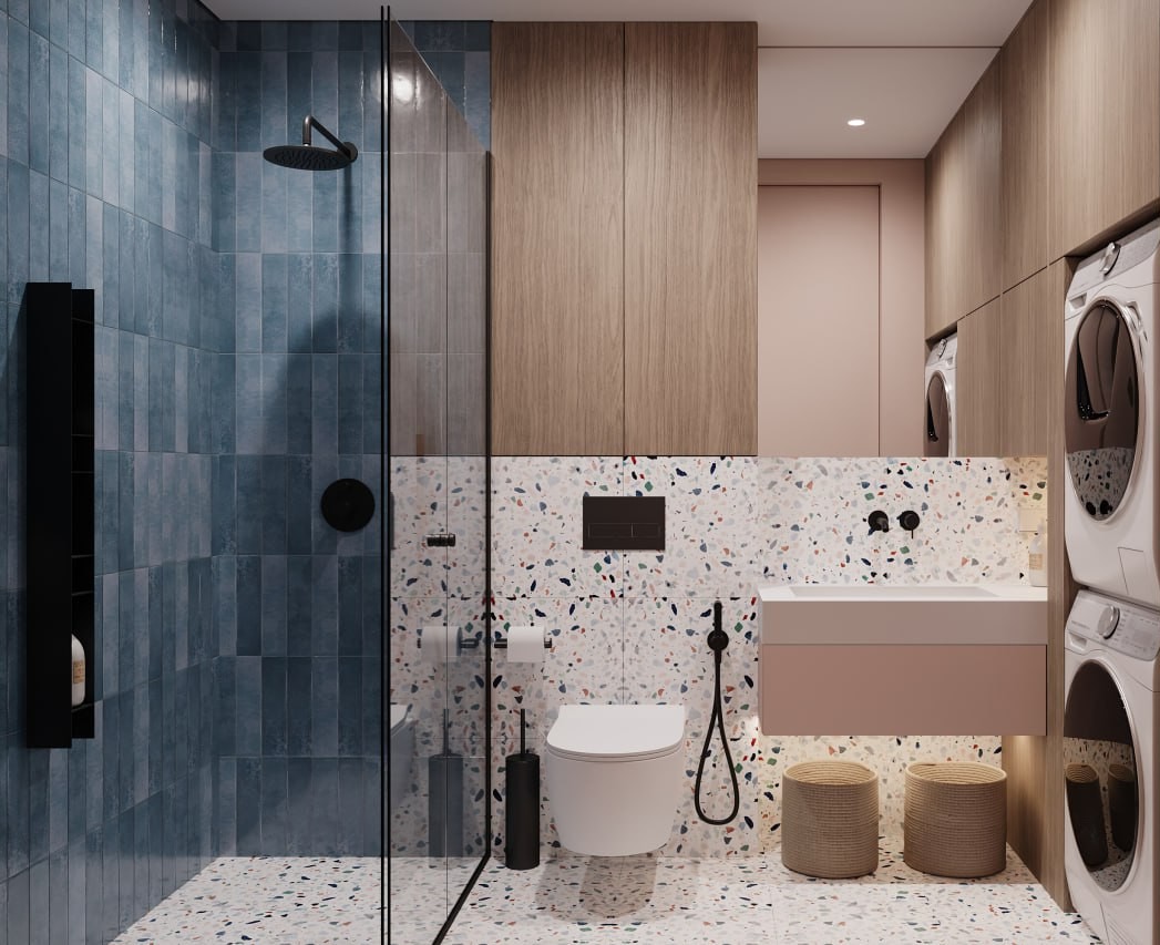 Санузел с комбинированной ванной и душевой зоной