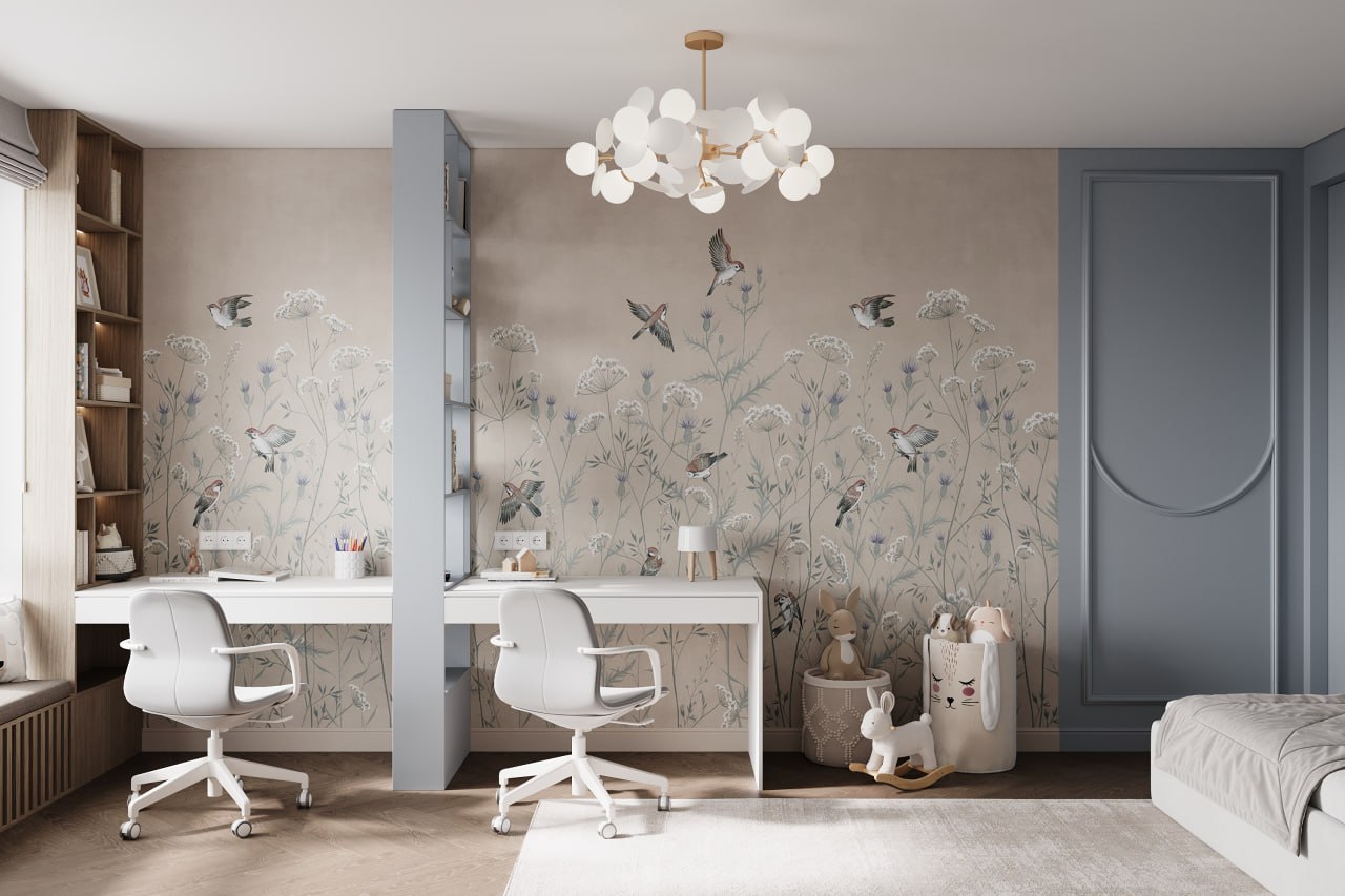 Рабочая зона в детской с акцентной стеной