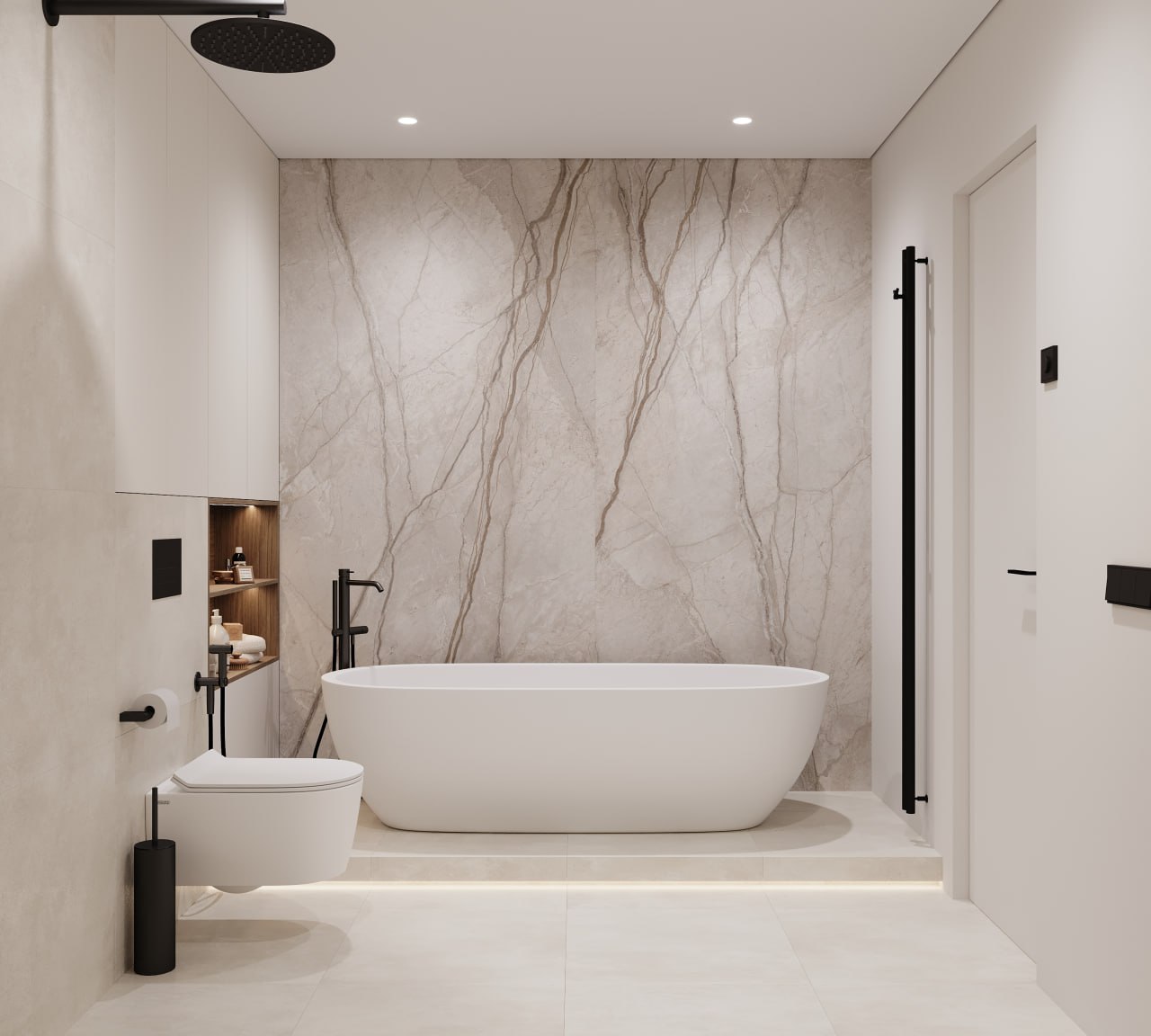 Ванная комната с тёплой подсветкой и каменной фактурой