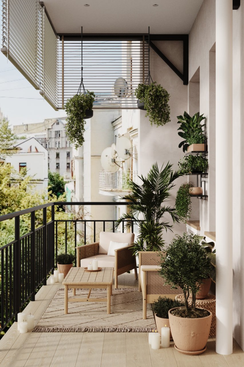 Длинная терраса с уютным посадочным пространством